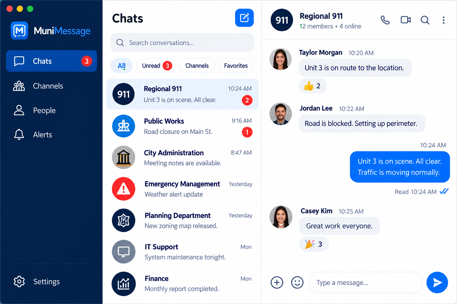 MuniMessage desktop chat interface