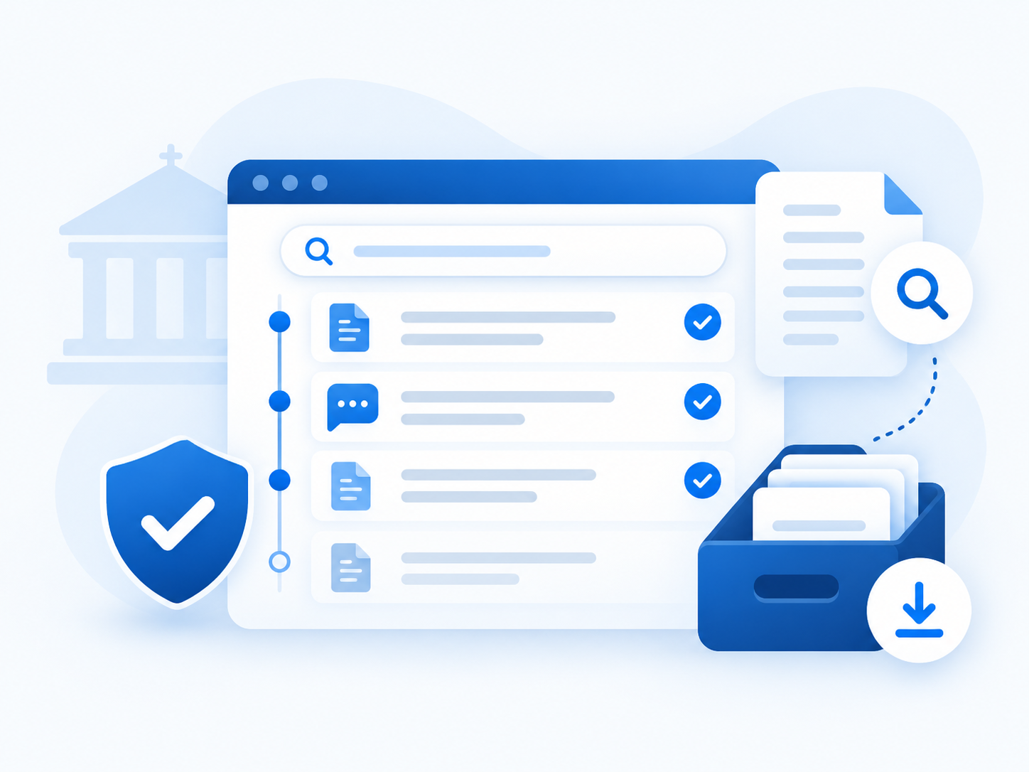 Audit timeline, records search, retention, and export tools